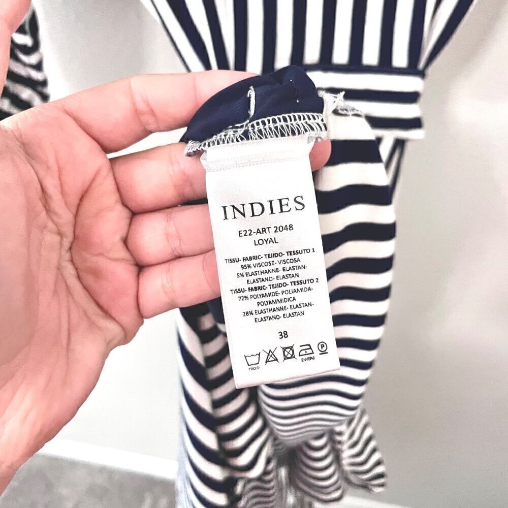 Indies Loyal Navy White Stripe Tie Waist Technical Jersey Dress Size 38 - Picture 4 of 6